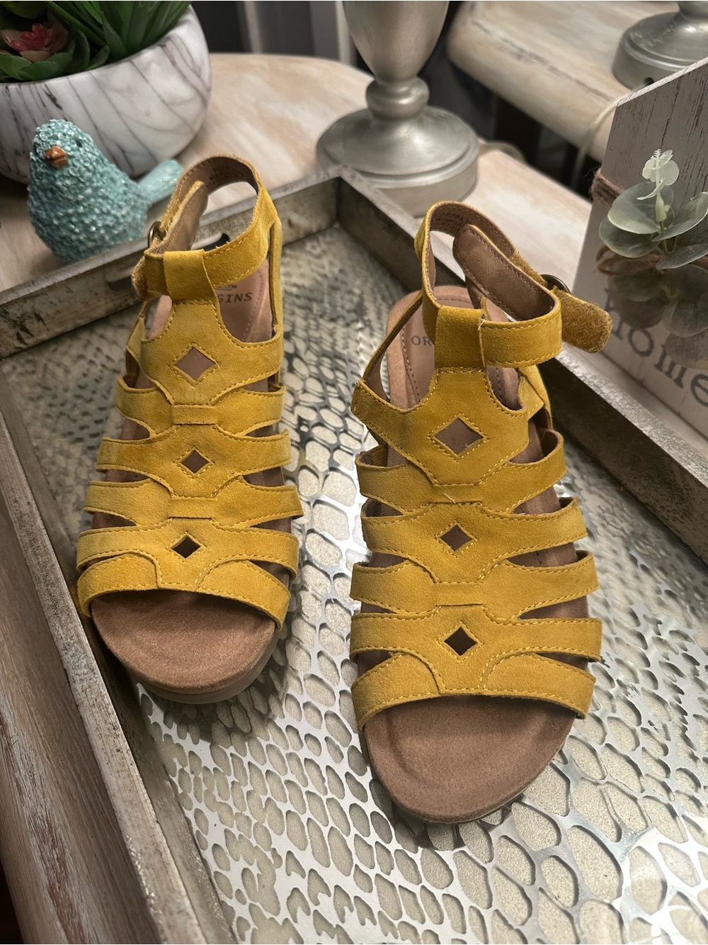 Earth Origins Yellow Suede Strappy Cutout Wedge Sandals